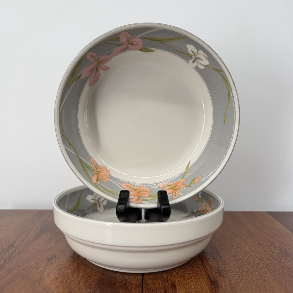 2 Vintage Sango Cherish 378 Soup Cereal Bowls Pink White 6.5" Wide Made in Korea